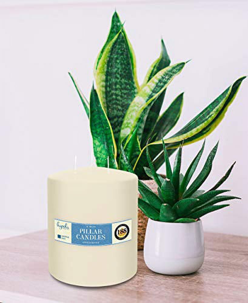 Hyoola 6" x 8" Ivory Unscented European Made 3-Wick Pillar Candles, Dripless Paraffin Wax with Smokeless Cotton Wicks