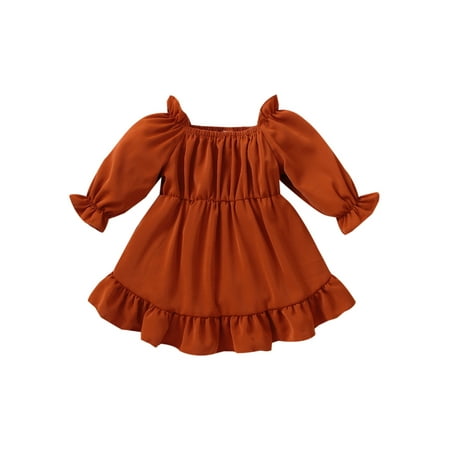 

Pudcoco Baby Girl Dress Solid Lantern Sleeve Ruffle Hem Loose Cute Princess Dress