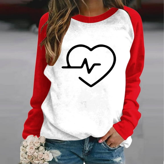 Uootdi Valentine's Day Women's Funny Love Heart Graphic Long Sleeve Shirts Color Block Crewneck Raglan Pullover Top Gift