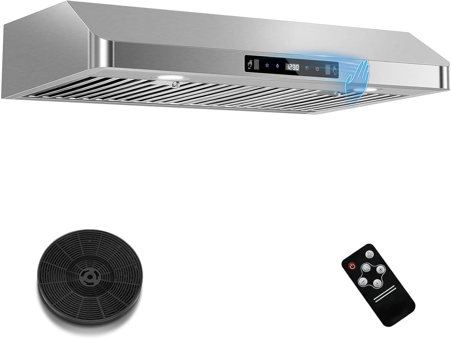 Under Cabinet Range Hood 30 inch Stainless Steel Ducted/Ductless Range Hood with Touch Gesture Remote Control 700CFM & 3-Speed Kitchen Stove Vent Hood Baffle Filters 3 Air Vents