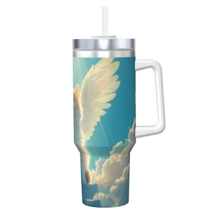 

Fuzoiu Sunshine Cute Winged Cat Print 40OZ Ice Bully Stainless Steel Insulated Cup with Handle and Straw - Perfect for Travel and Sports