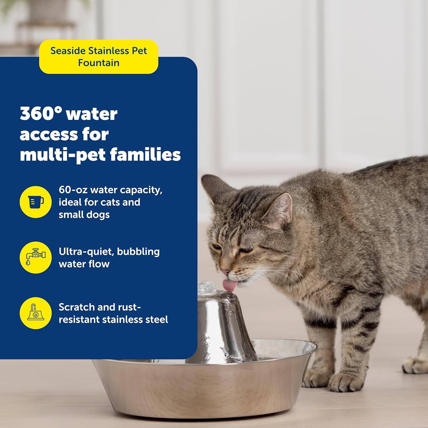 Stainless Steel Cat & Dog Fountain, 60 Oz Water Capacity - 2 Water Filters & 1 Pump Included, Soothing Flow for Pets, Scratch-and Rust-Resistant Material - Quiet Motor