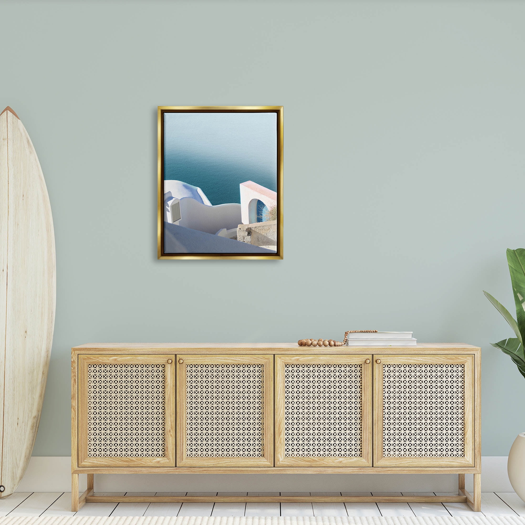 Stupell Industries Picturesque Santorini Coastal Building Photograph Metallic Gold Floating Framed Canvas Print Wall Art, Design by Sara Zieve Miller