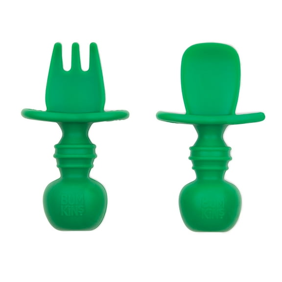Bumkins Baby Feeding Chewtensils, Training Fork and Spoon Set, Utensils Ages 6 Mos  (Jade)