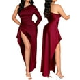 thumbnail image 3 of Womens Wedding Guest Maxi Dress Fall One Shoulder Sleeve Satin Bodycon High Split Cocktail Formal Prom Dresses Wine Red M, 3 of 7