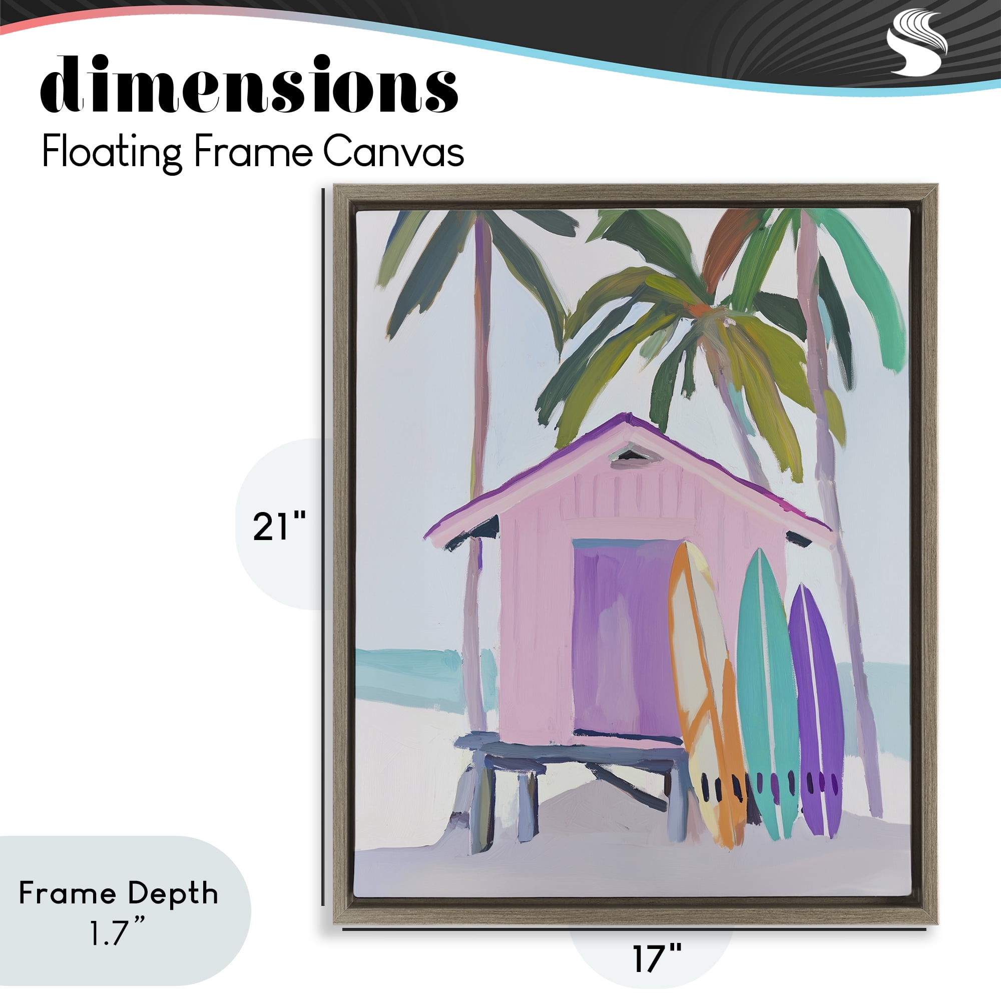 Stupell Industries Pink Beach Hut with Surfboards Brown Framed Floater Canvas Wall Art, design by Sisi and Seb