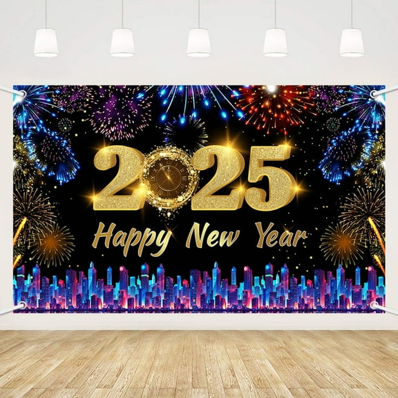 Happy New Year Backdrop,New Year Photography Background, Firework New Years Banner for NYE Decorations 2025,  New Years Eve Party Supplies  5.9x3.6ft