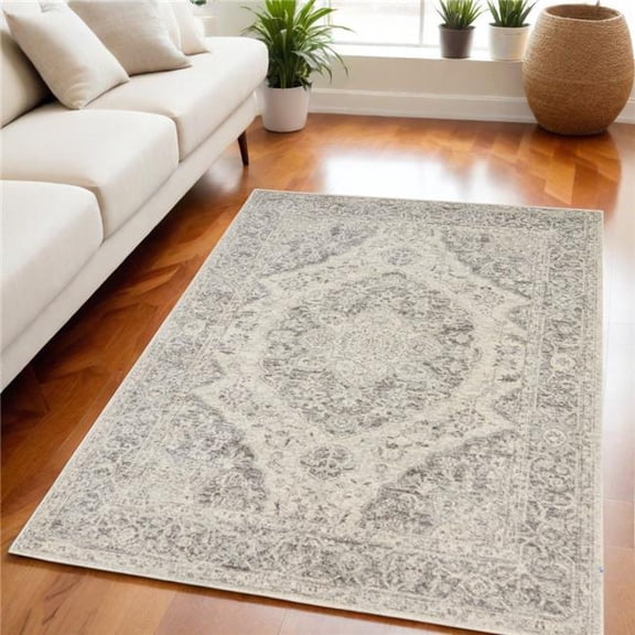 HomeRoots 550896 5 x 7 ft. Floral Medallion Distressed Rectangle Area Rug, Ivory & Gray