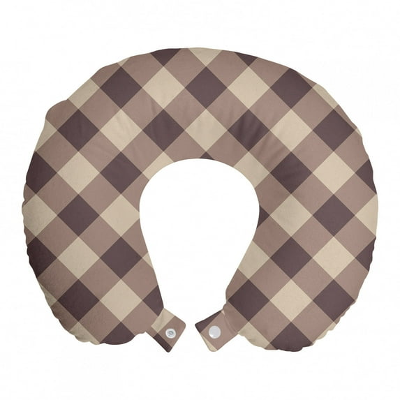 Geometric Travel Pillow Neck Rest, Repeating Pattern with Diagonal Checkered Motif Illustration, Memory Foam Traveling Accessory Airplane and Car, 12", Warm Taupe Dark Taupe, by Ambesonne