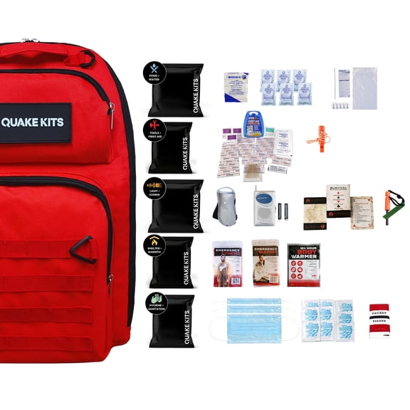 QK 1-Person, 72hr Prepared Survival Kit for Disaster Preparedness - Emergency Go Bag with Food and Water, First Aid, and Preparedness Tools. Emergency Kit for Earthquakes and Other Disasters.