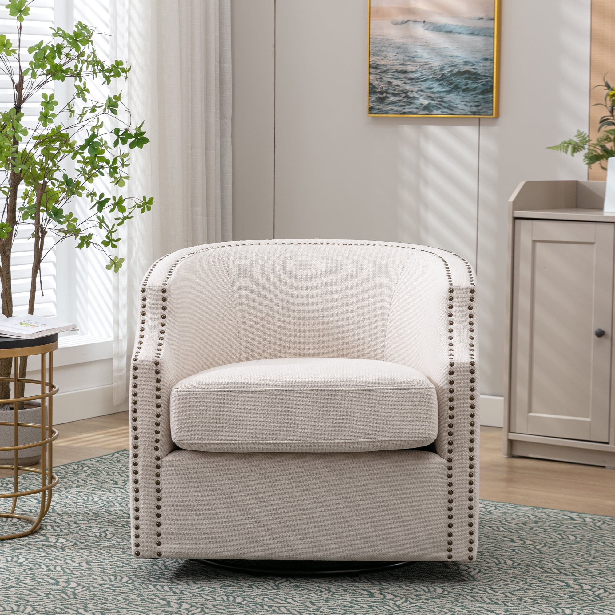 Lunale Fabric Swivel Accent Barrel Chair, Club Chair Comfy Reading Armchair, Beige