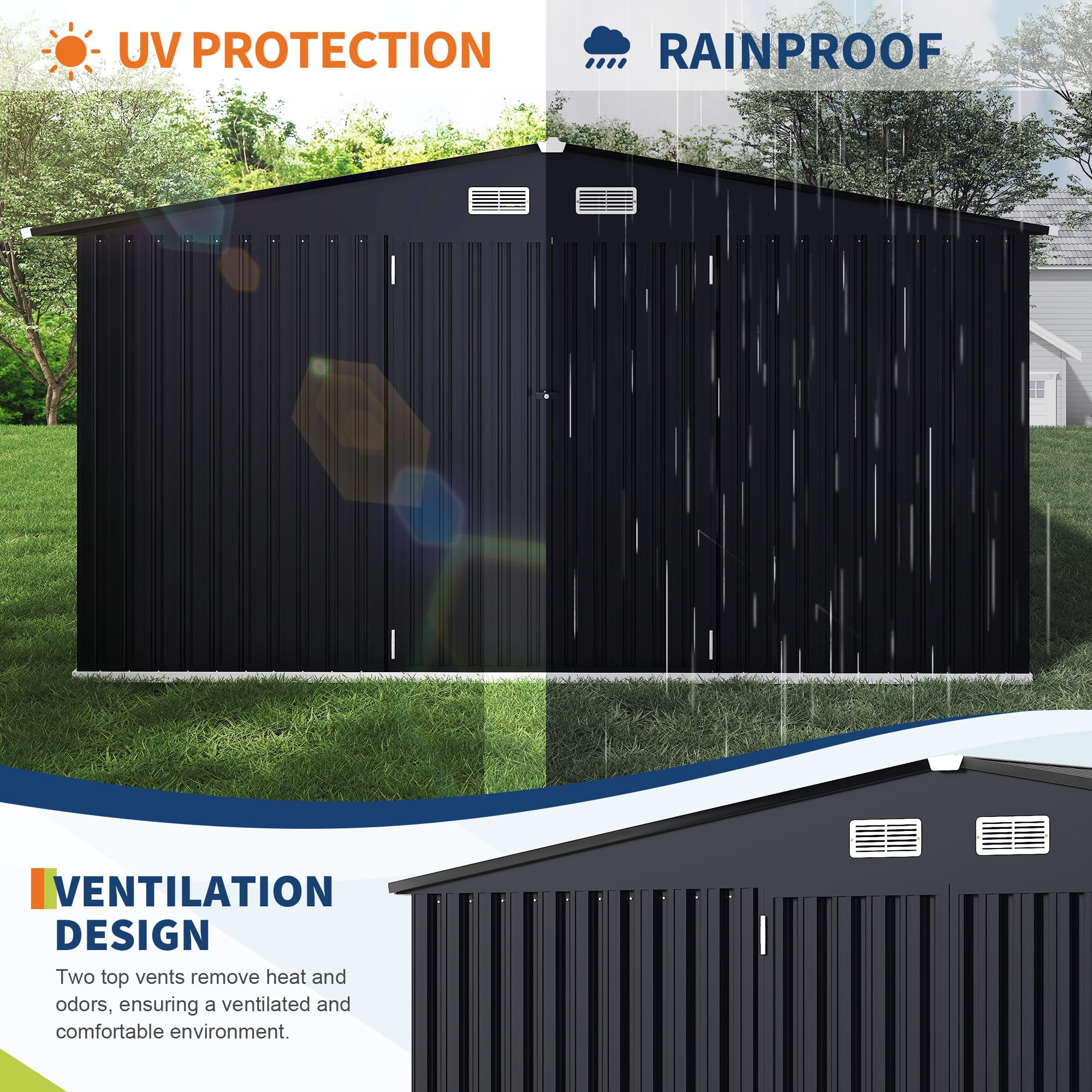 Kojooin 8' X 10' Outdoor Storage Shed, Waterproof Metal Sheds with Metal Foundation, Utility and Tool Garden Shed with Lockable Doors for Backyard, Patio, Outside