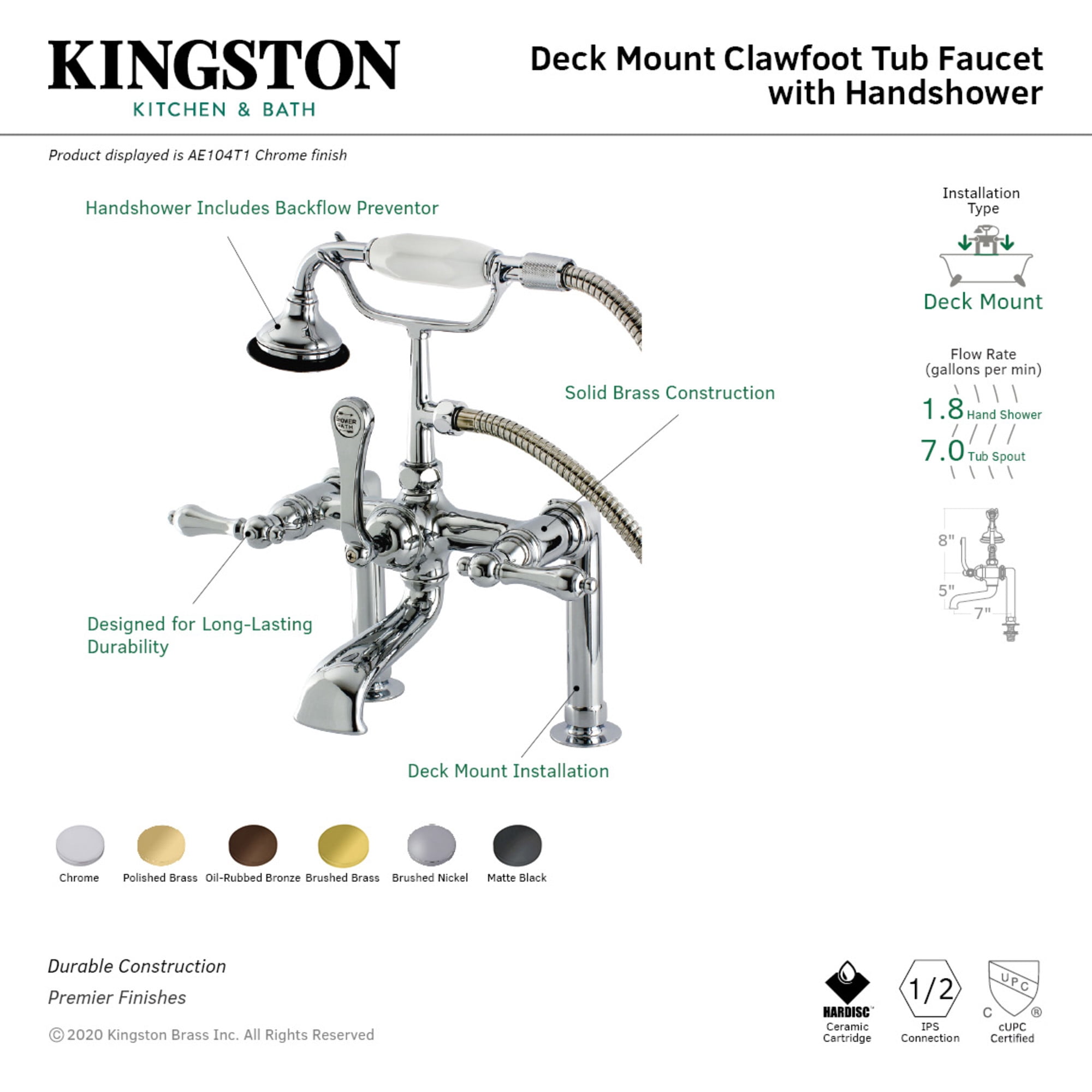 Kingston Brass AE103T7 Aqua Vintage 7" Center Deck-Mount Clawfoot Tub Faucet with Hand Shower, Brushed Brass