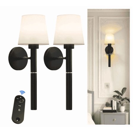 Rechargeable Wall Sconce Set of 2, Black Battery Operated Wall Sconce with Magnetic Rechargeable 5200mAh Battery Stick Dimmable and Remote, 3 Colors Wireless Lighting for Bedroom Hallway-BLACK