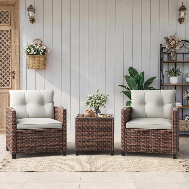 IdealHouse 3-Piece PE Rattan Patio Set, Outdoor Chairs Glass Table, All-Weather Conversation Set for Patio Balcony