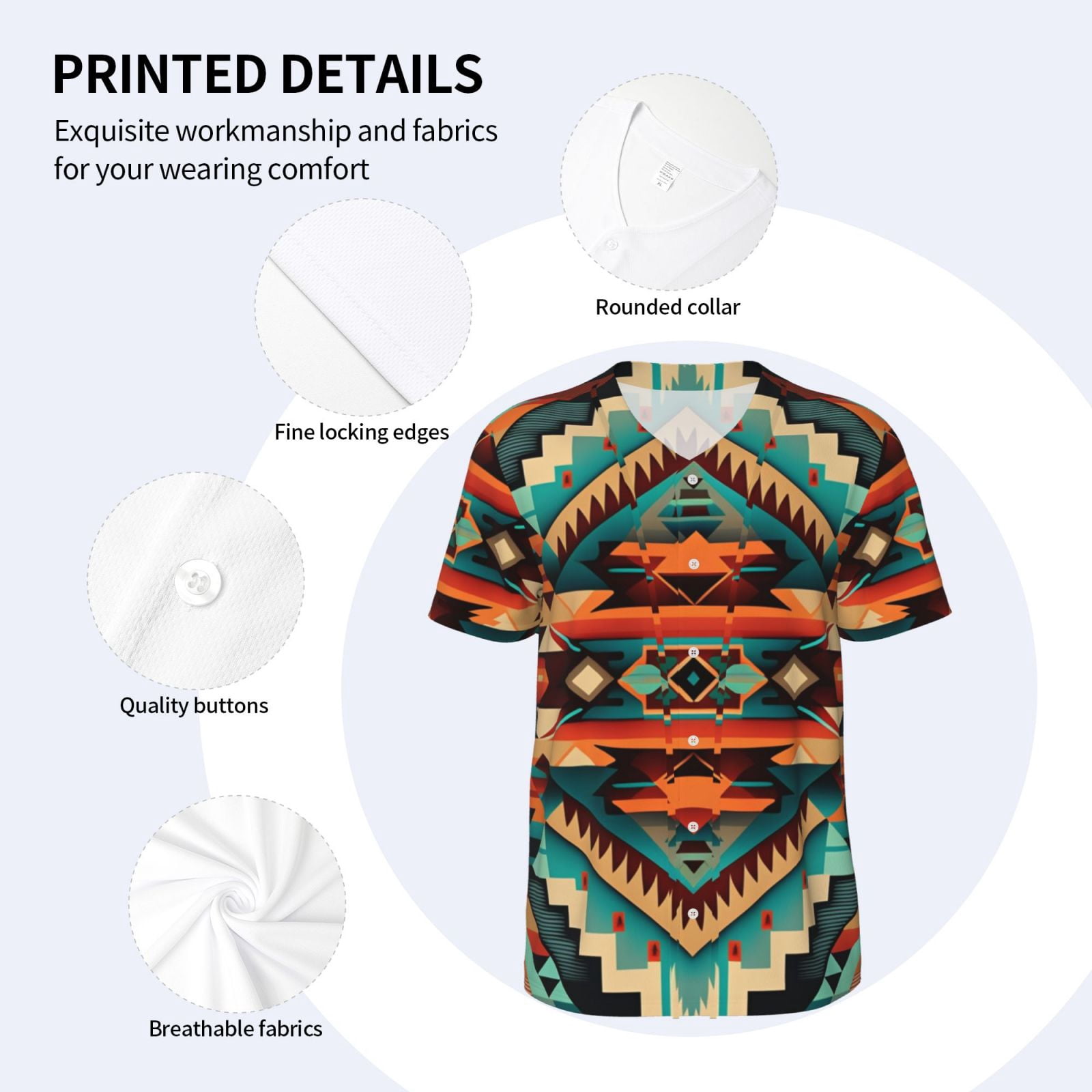 Men's Baseball T-Shirt Button Down Short Sleeve Tee Athletic Team Uniform, Ethnic Geometric Navajo Native American Tribal Abstract
