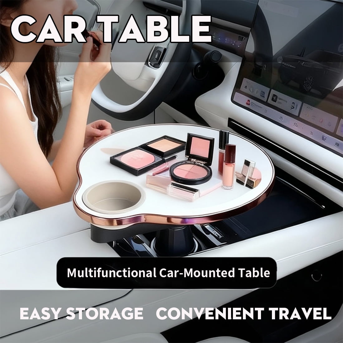 Multifunctional Car Table for Front Seat – 360° Rotation with Cup Holder, Laptop Tray for Driver & Passenger – Fits 2.8-3.9 Inch Cup Holders, Fits Most Car