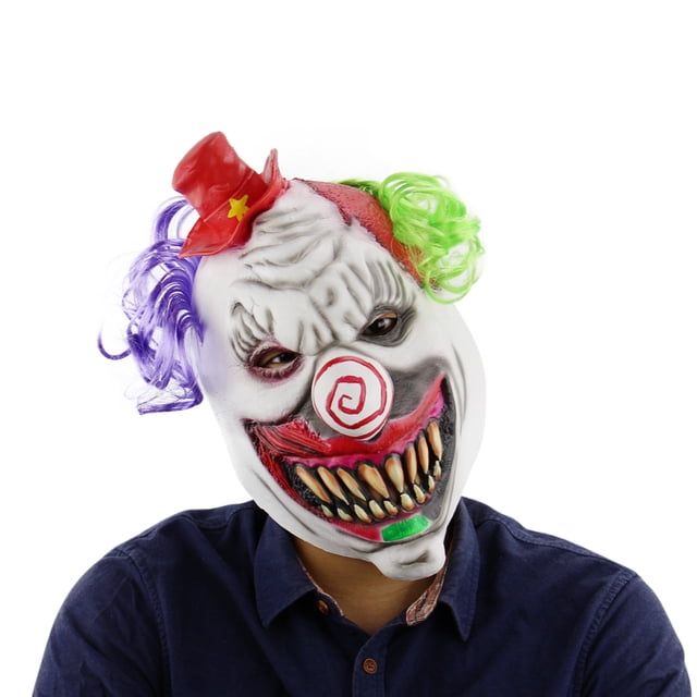 Máscara de payaso dentado aterrador de cabeza completa de látex con sombrero y