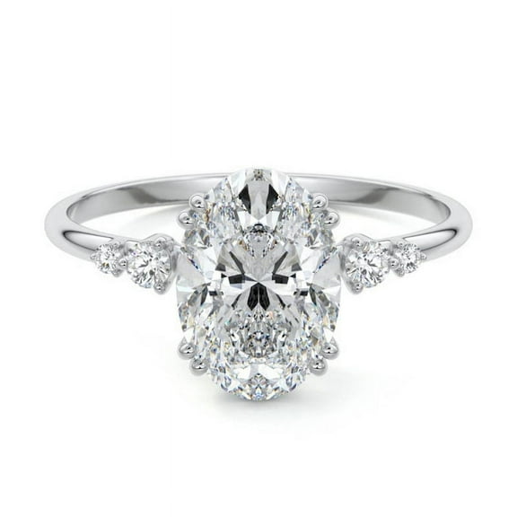 Golden Jewelry 14K White Gold Plated Ring - Oval Cut Excellent 2 Ct Moissanite Ring - Solitaire with Accent Moissanite Rings - Simple Moissanite Rings for Women's - Moissanite Rings for Women's