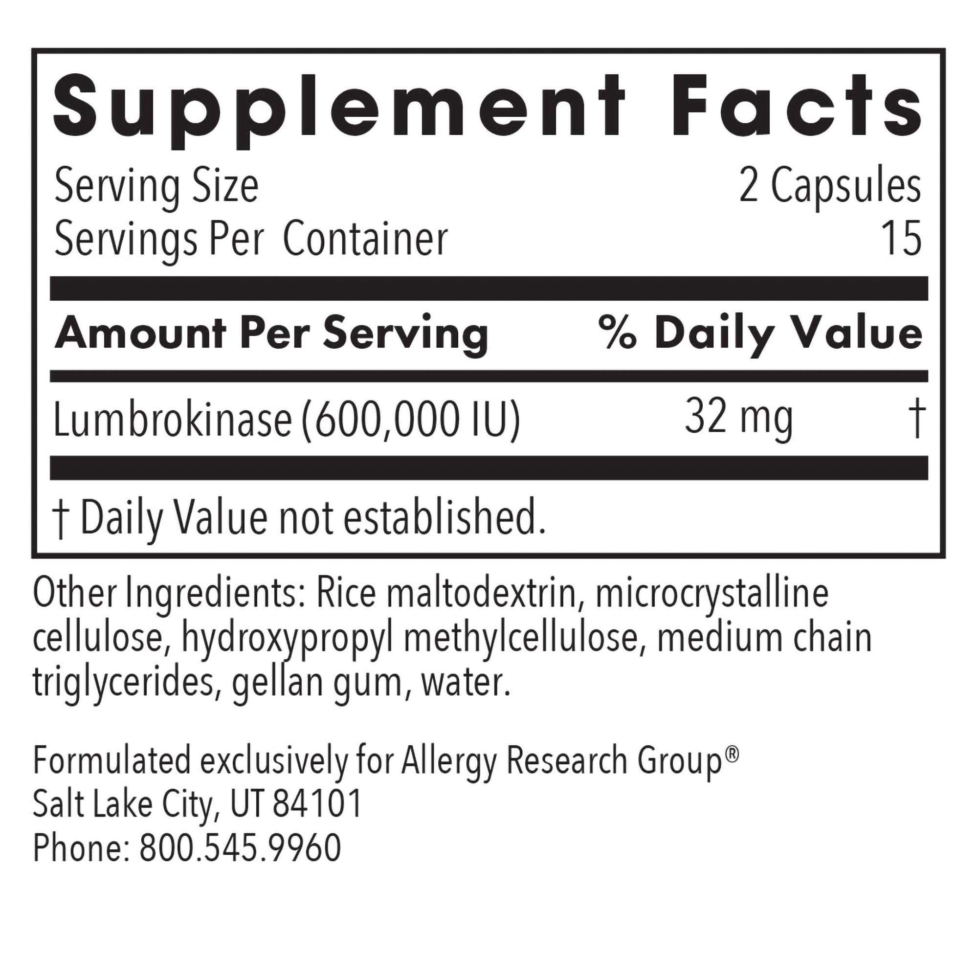 ARG Lumbrokinase - 32 mg Lumbrokinase - Circulatory System Support - Delayed-Release Capsules - Gluten-Free & Non-GMO - 15 Servings - 30 Capsules
