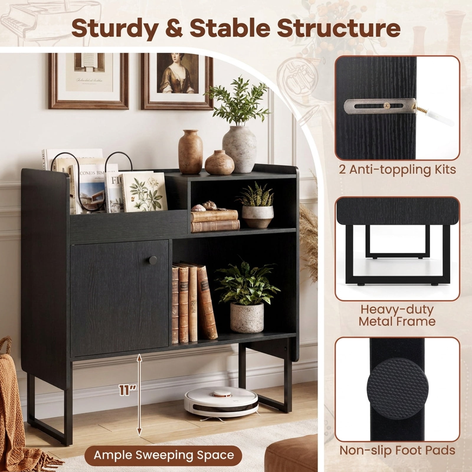 Furnibear Record Player Stand with Power Outlets USB Type-C Ports and Vinyl Storage Holder for up to 250 Albums Cabinet, Black