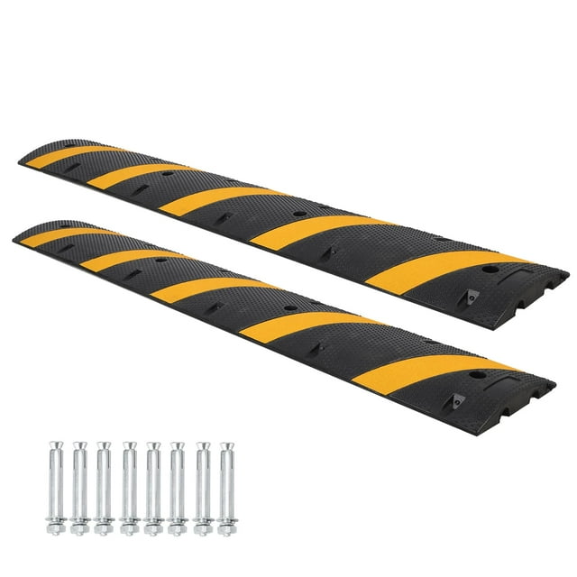 Bosses de Vitesse pour Allée, Lot de 2 Bosses de Vitesse en Caoutchouc de 3,3 Pi, Bosse de Vitesse Modulaire à 2 Canaux Capacité de Charge de 22000 Lb, Rampes de Protection pour Boyau de Câble avec 6 Pointes de Boulons pour Asphalte Béton Gravier Allée