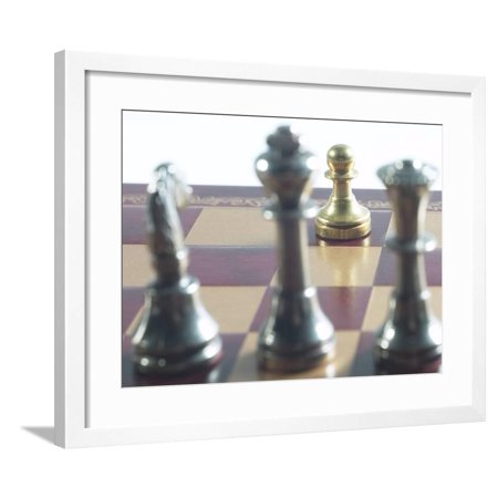 Gold Pawn On Red And Brown Chess Board With Silver King Queen And