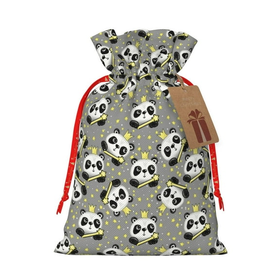 Xecao Panda With Crown And Stars Print Burlap Gift Bags with Drawstring and Gift Tags, Gift Bags, Burlap Bags, Jute Bags for Party, Christmas, DIY Craft Bags-Small