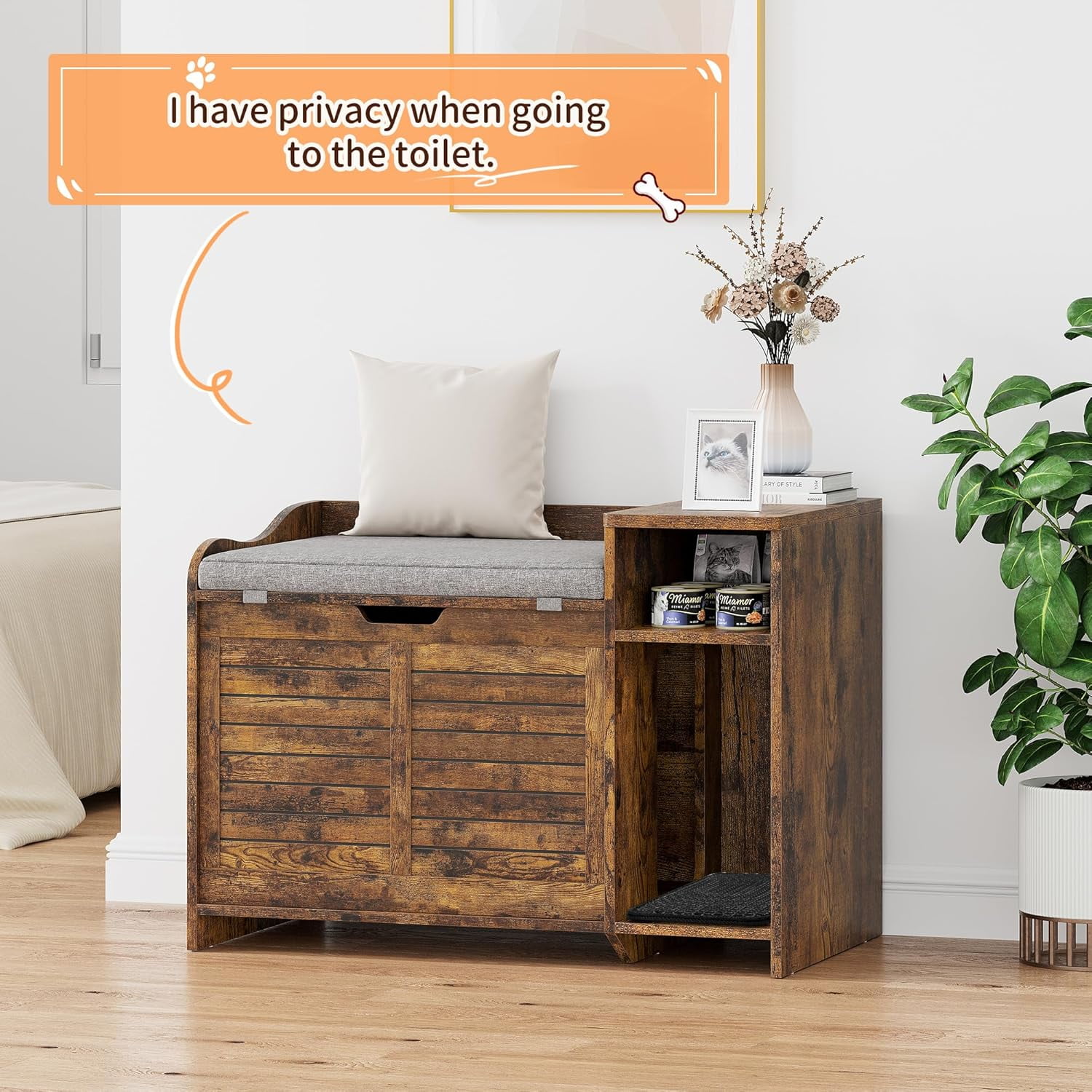 Hidden Cat Litter Box Furniture, Flip-Top Entryway Bench with Storage & Ventilation