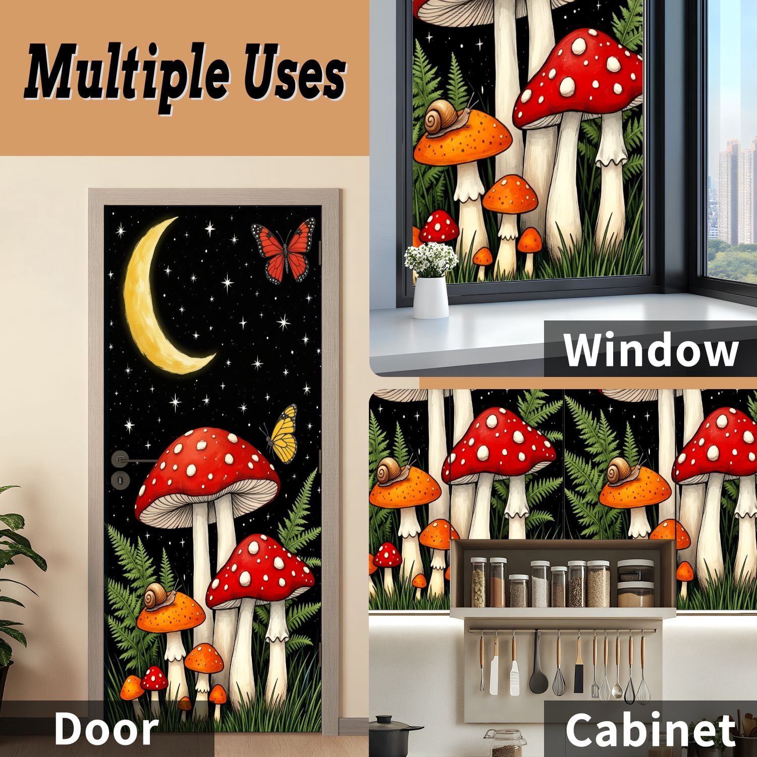 Self Adhesive Vinyl Refrigerator Wrap Set Magical Forest Red Mushrooms Crescent Moon Butterflies Boho Door Mural Removable Fridge Sticker Peel and Stick&nbsp;Full Door Cover Decal Kitchen Bar Decor