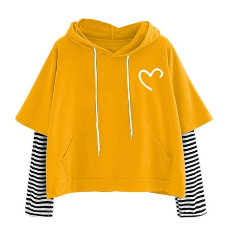 

Women s Casual Loved Printed Hooded Drawstring Pullover Patchwork Striped Long Sleeve Tops Short Sweatshirts Ladies Sexy Going Out Tees Y2k Trendy Blouses Fashion Loose Fit T-shirts corset tops