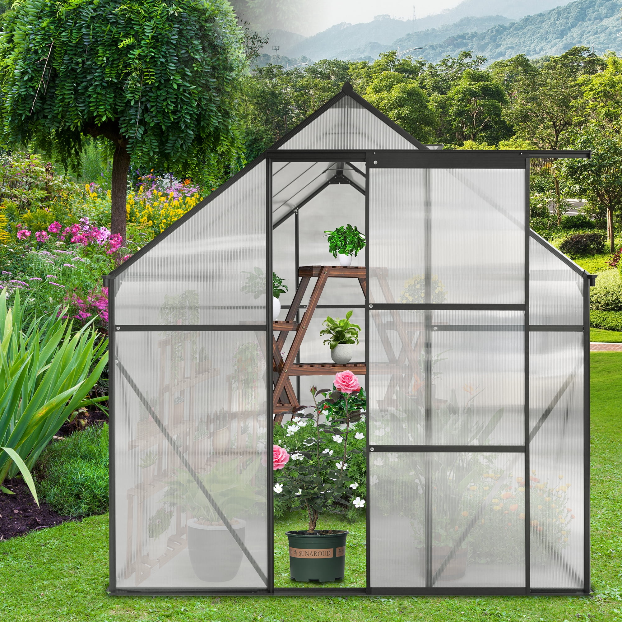 Outop 6’ x 8’ Walk-In Polycarbonate Greenhouse, Sliding Door and Raised Base