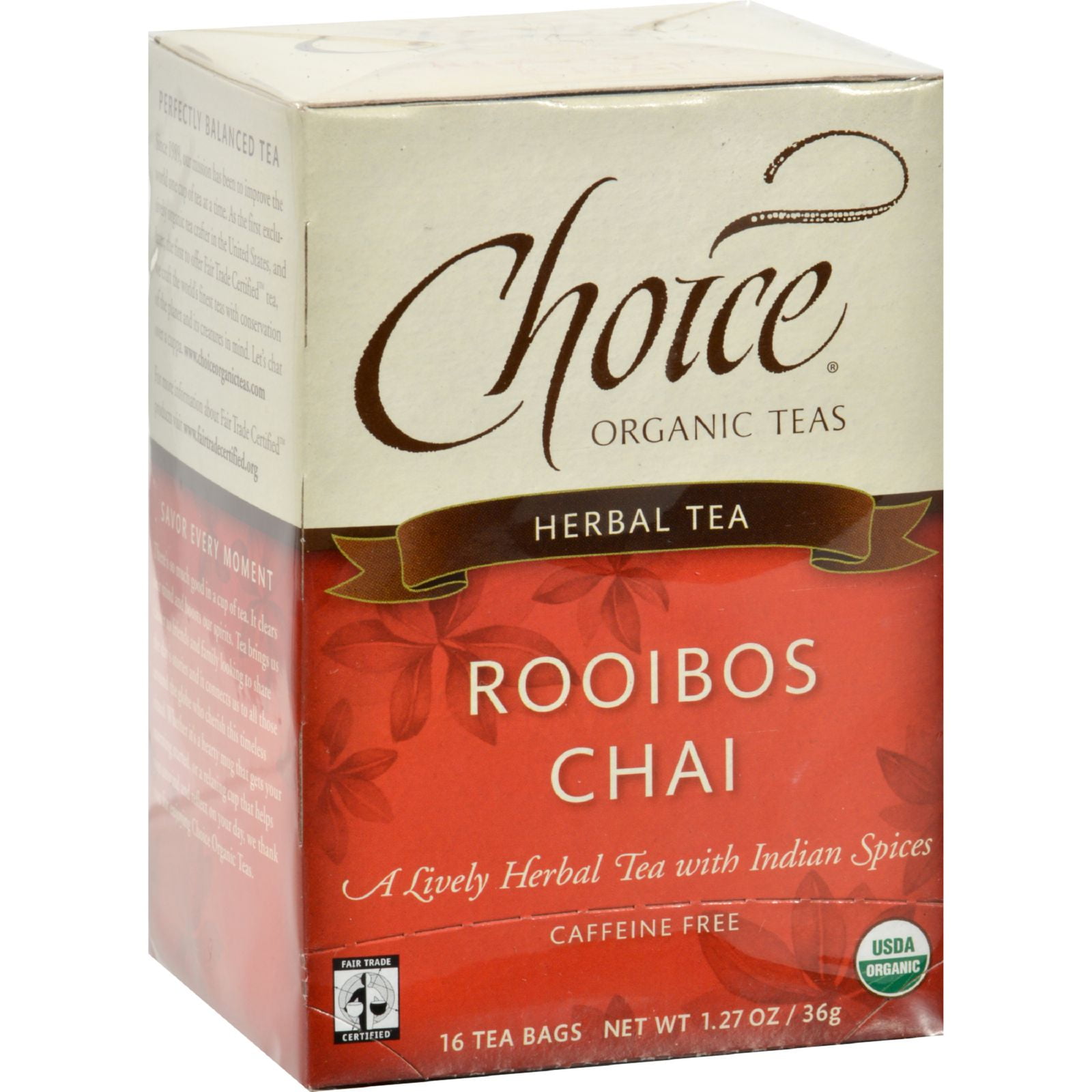 Choice Organic Teas Herbal Tea Rooibos Chai Caffeine Free Case of 6 16 Bags by U-Nutra