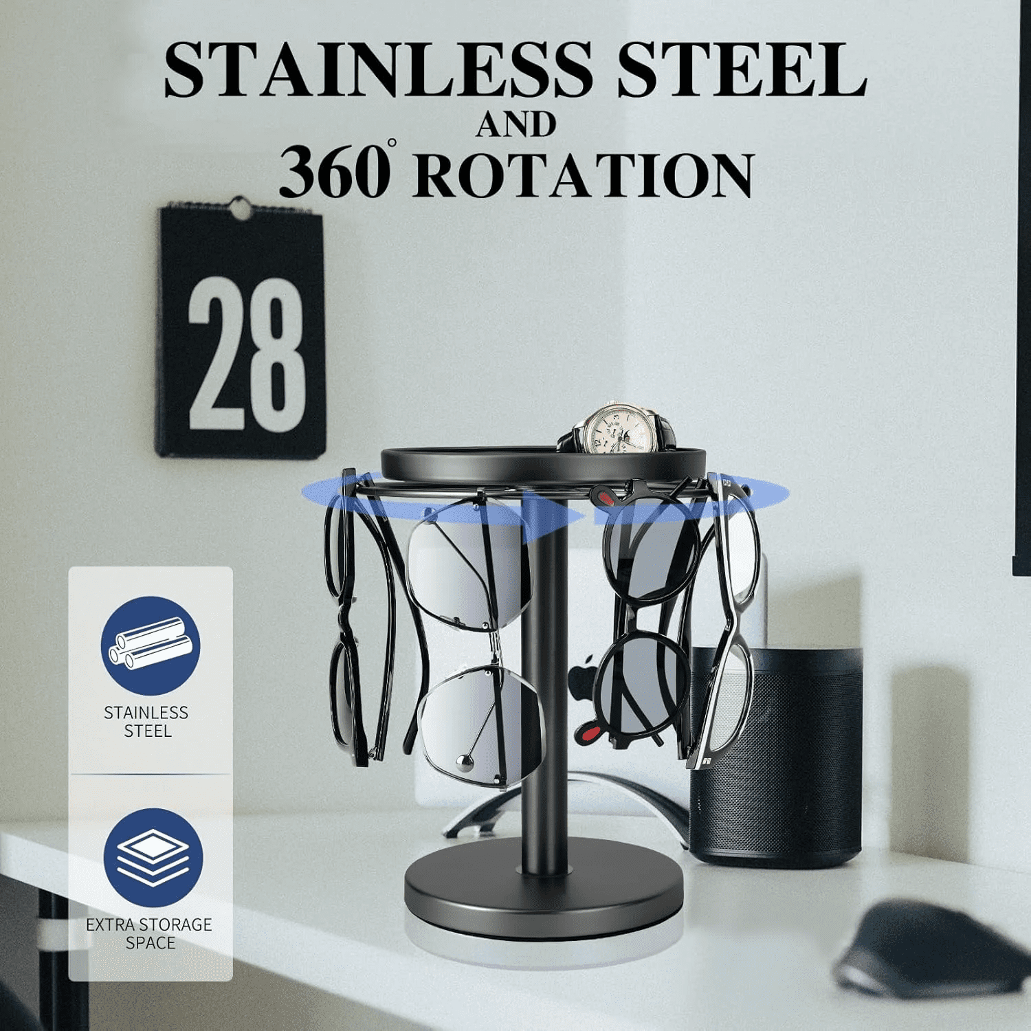 360° Rotating Sunglass Organizer Storage - Metal Glasses Holder Stand with Tray for Desk, Dresser, Tabletop, Nightstand & Home Decor Accessories C