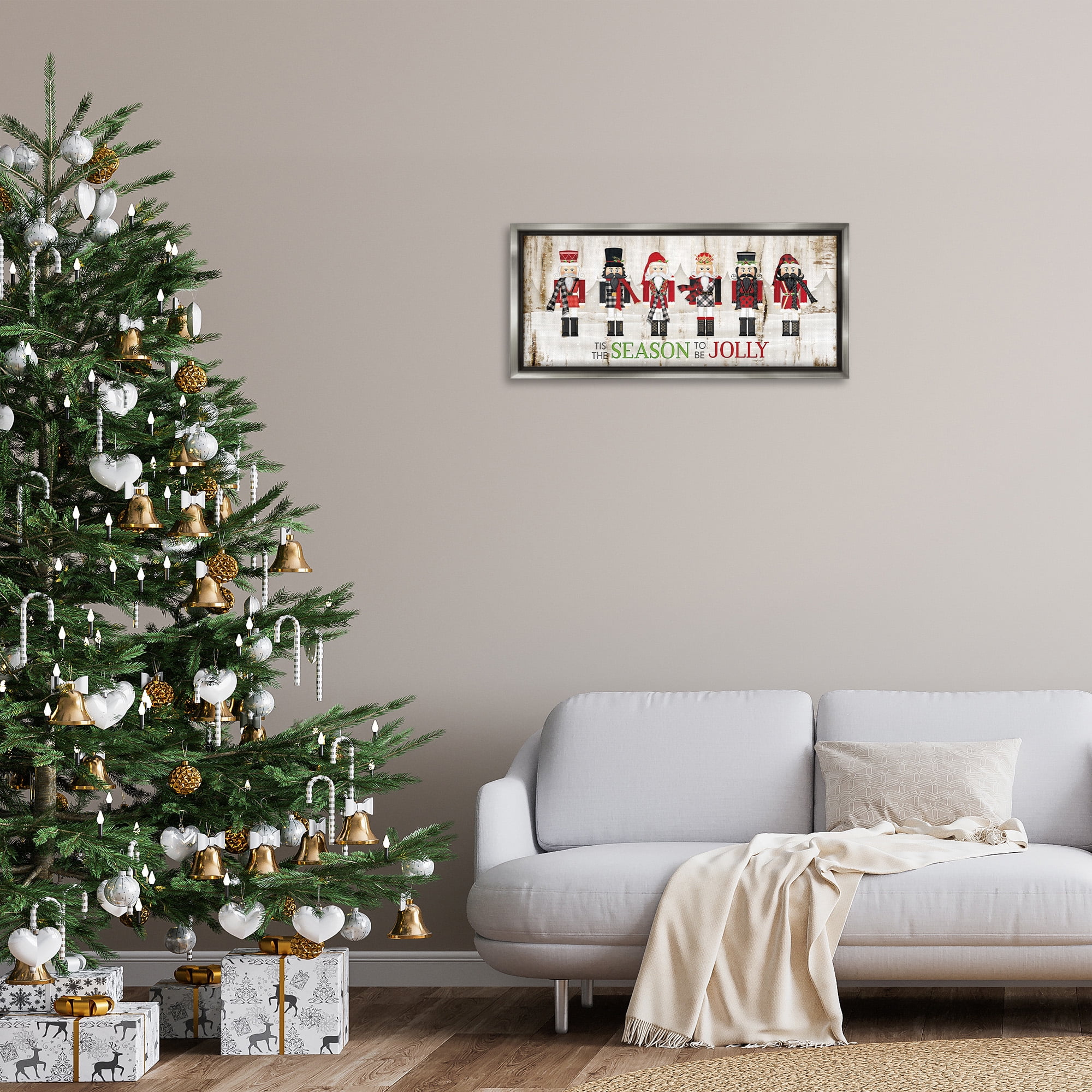 Stupell Industries Festive Phrase Winter Nutcrackers Inspirational Painting Gray Floater Framed Canvas Art Print Wall Art, 31 x 14