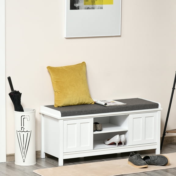 HOMCOM Modern Shoe Bench, 6-Compartment Adjustable Shelf & Padded Seat, White and Gray, 10 Pairs