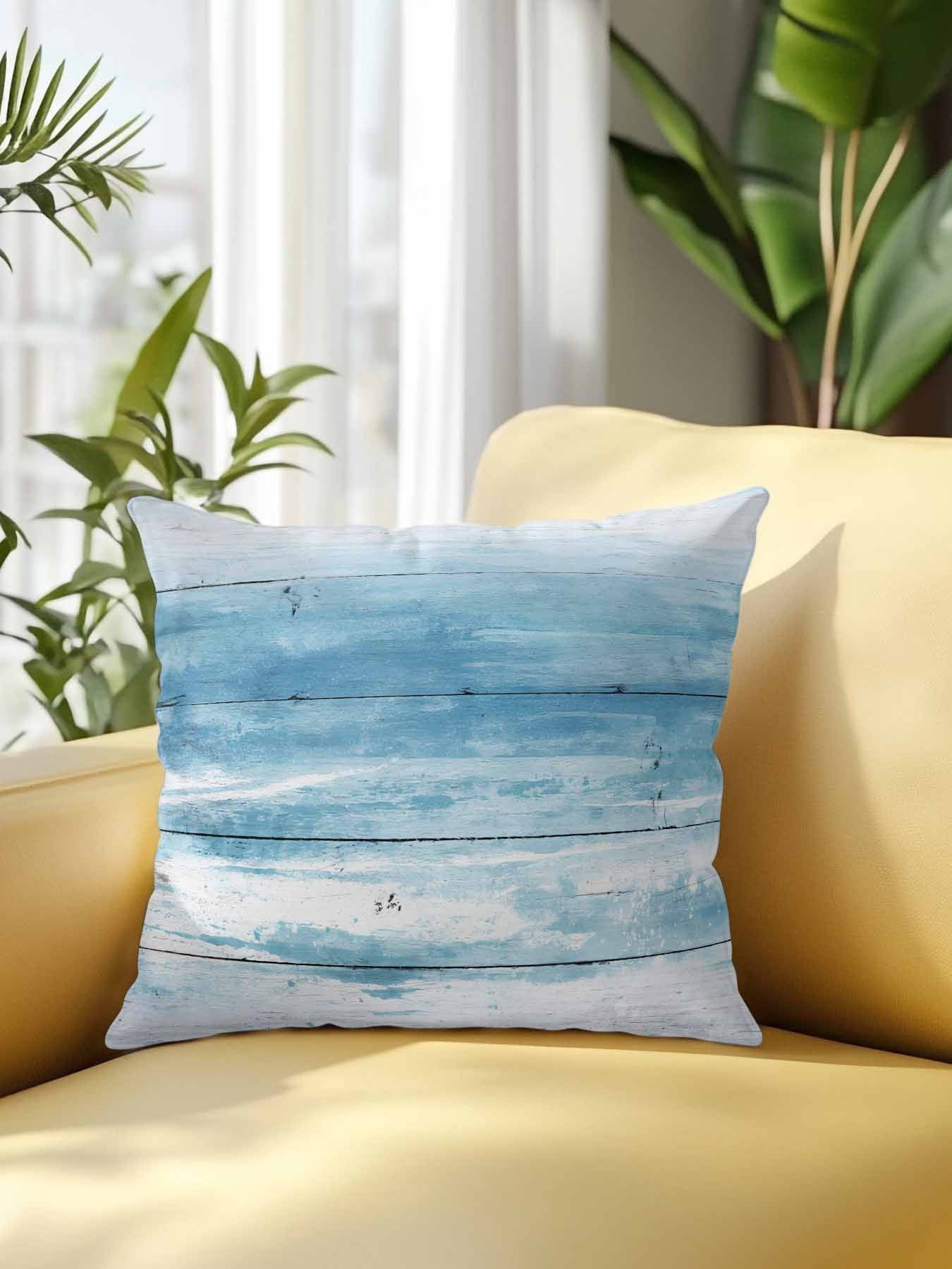 1 Pack Outdoor Throw Pillow, Summer Blue Ocean Waterproof Pillow with Insert Included, Farmhouse Wooden Grain Modern Art Decorative Accent Cushion Sofa Pillows for Patio Porch, 16 x 16 In