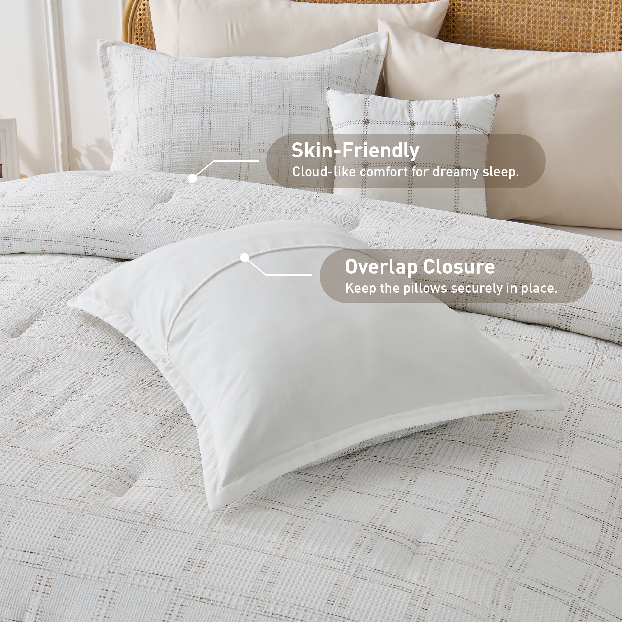 Regency Heights Waffle Weave Comforter Set, Full/Queen Size Textured Comforter Bed Set, 3-Piece Lightweight Bedding Set with Pillow Shams for All Season, White/Multi Color
