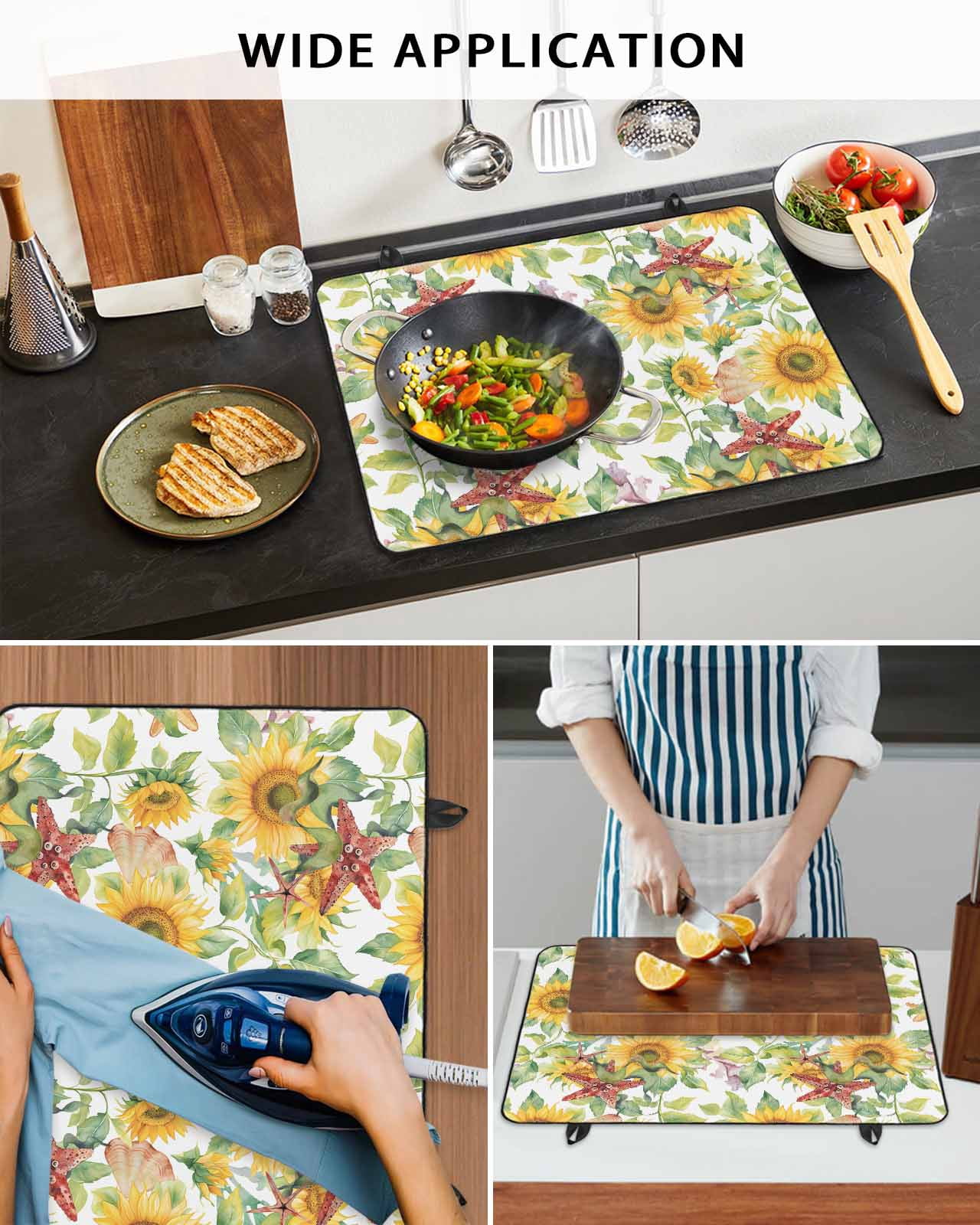 nqOlkjepod Large Induction Cooktop Protector Mat 36"x21", Summer Yellow Sunflower Stove Top Covers for Electric Stove, Green Leaves Starfish Country Stove Burner Cover Mats, Glass Top Stove Cover