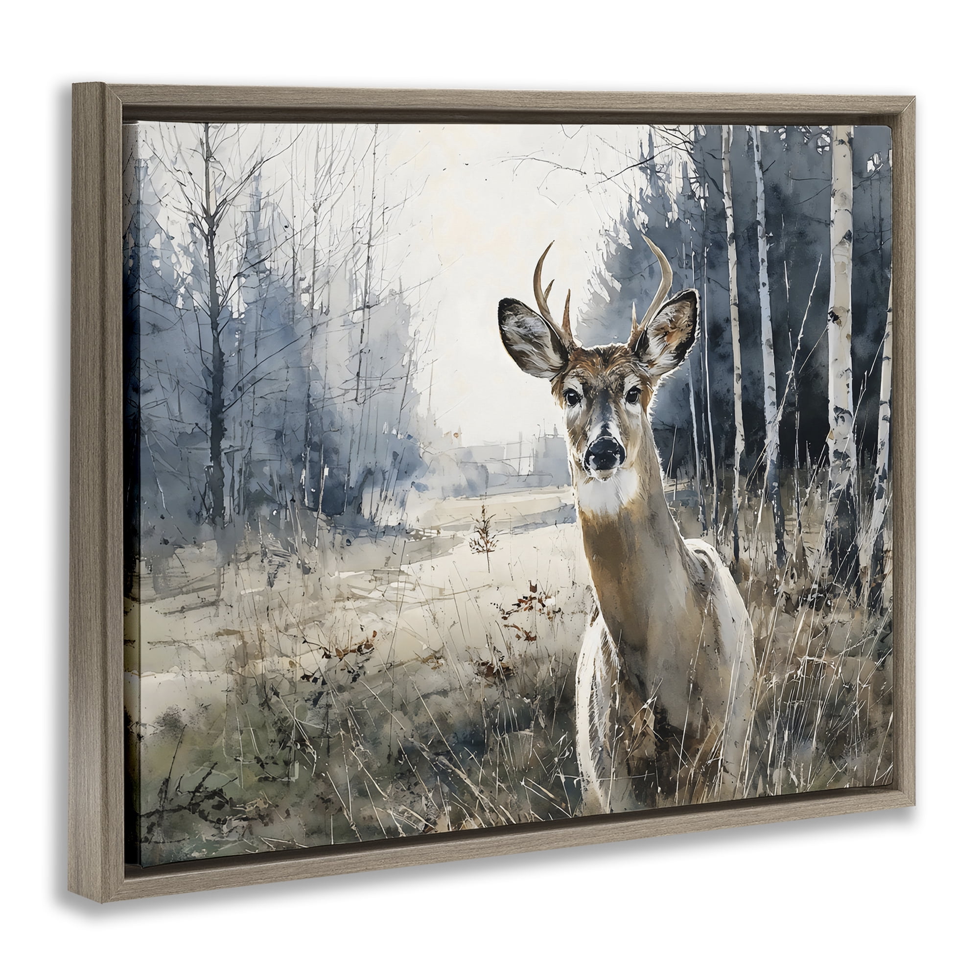 Stupell Industries Deer in Winter Wilderness Brown Framed Floater Canvas Wall Art, design by Franklyn Gregory