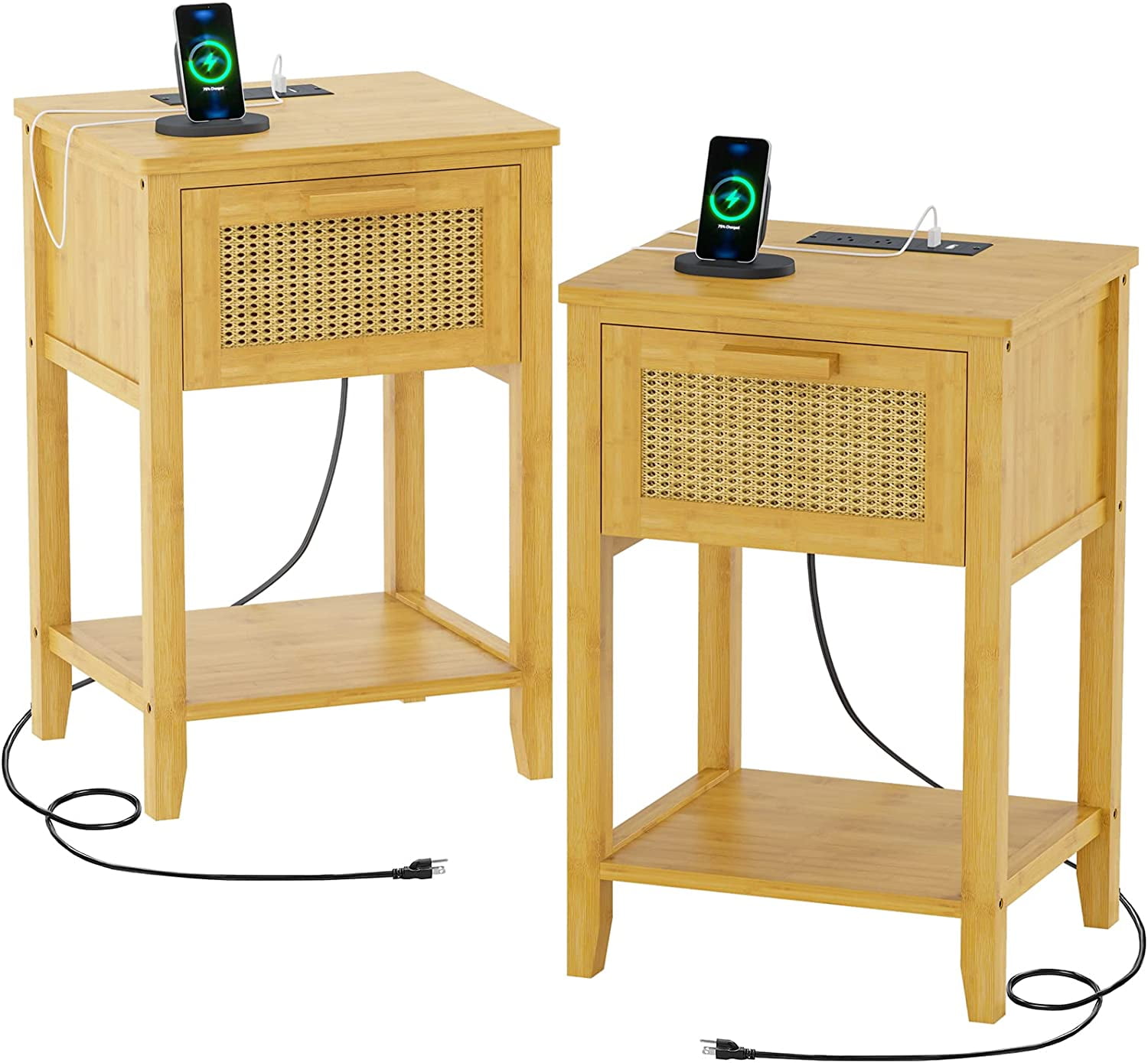 EPHEX Nightstands Set of 2, Rattan Nightstands with Charging Station