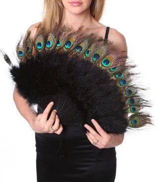 Yellow 20s Vintage Style Peacock & Black Marabou Feather Fan Flapper Accessories for Costume Halloween Dancing Party Tea Party Variety Show 55x30cm