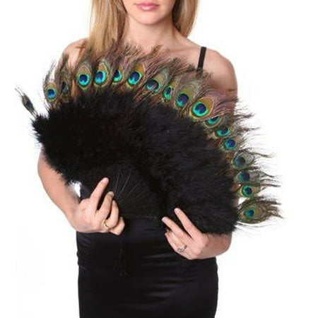 Vintage Large 20'' Peacock & Black Marabou Feather Fan Flapper Accessories Elegant~Halloween Costume Party New