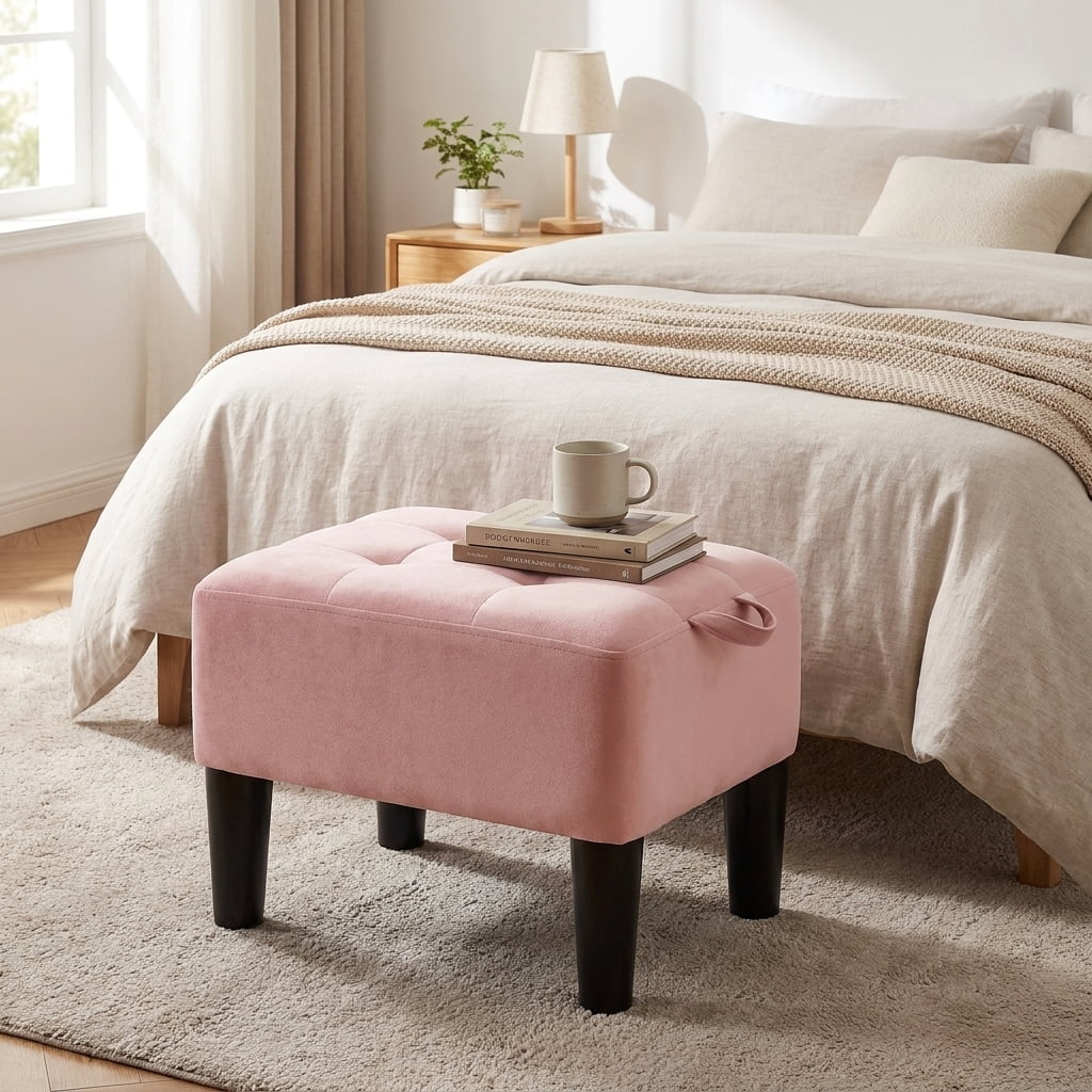 Ledrem Small Ottoman Foot Stool with Thick Cushion and Sturdy Angled Legs, Jelly Pink