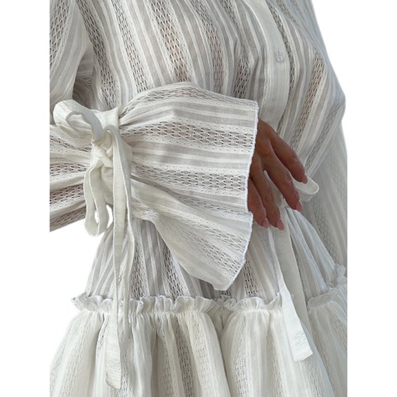 Jaimenalin Women Dresses Knot Front Scoop Neck Ruffle Long Sleeve Floral Print Swing Mini Dress White M