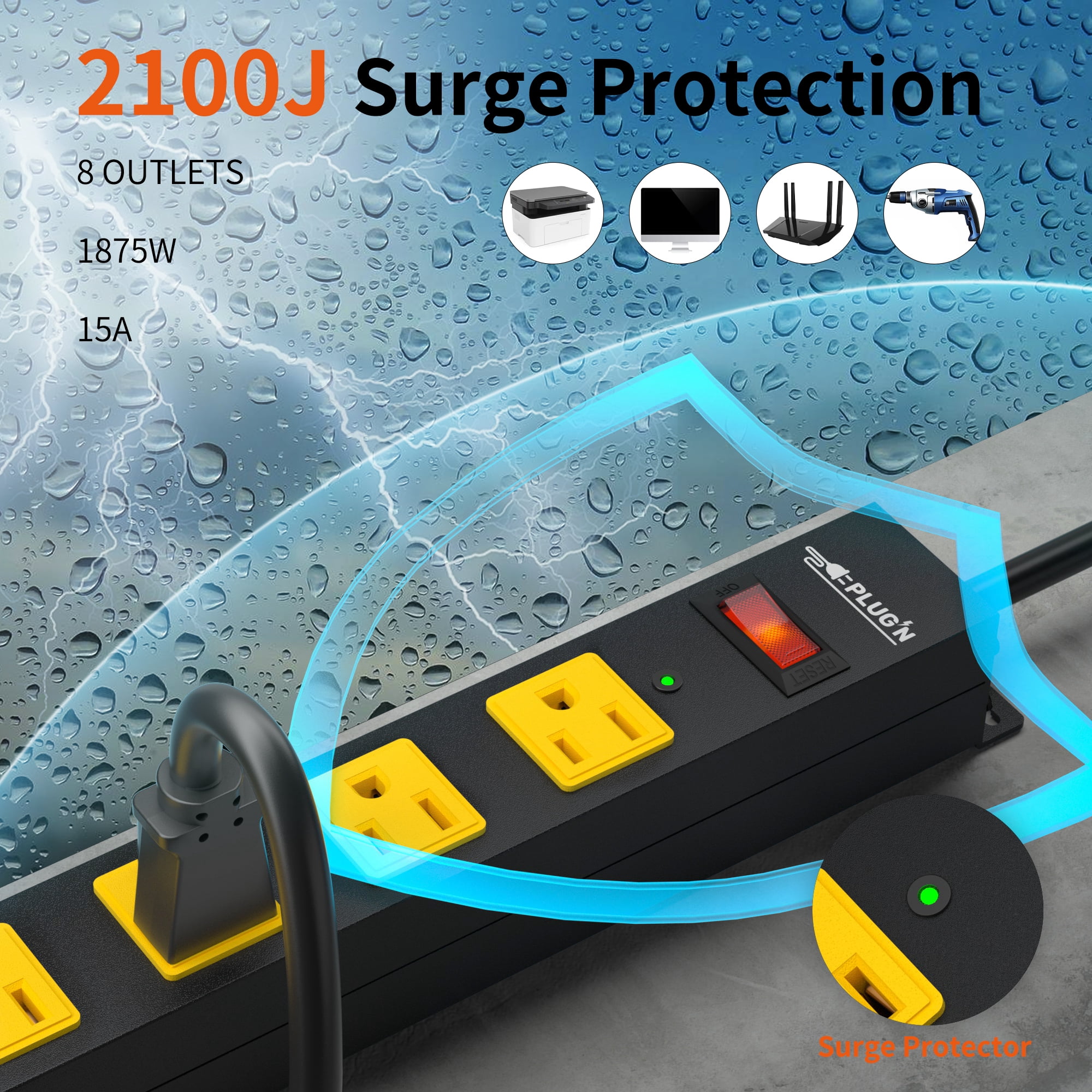 8 Outlet Long Power Strip, 2100J Surge Protector Heavy Duty 6FT Cord Wide Spaced and Wall Mount Metal Powerstrip for Home Office Garage Workshop