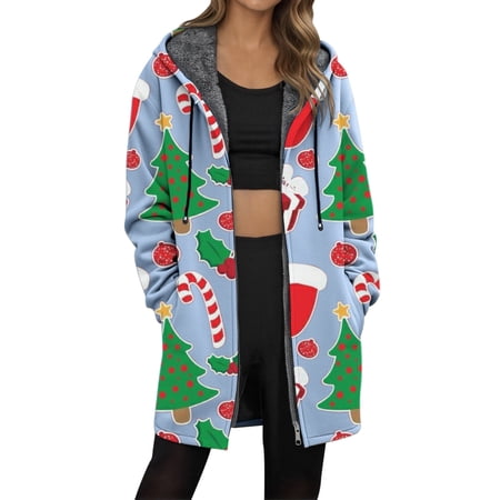 Luwomo Jacketsfor Womens Longline Christma Festive Tree Graphic Long Sleeve Hooded Drawstring Winter Cozy Lined Full Zip Outerwear Tops Blue1 XL