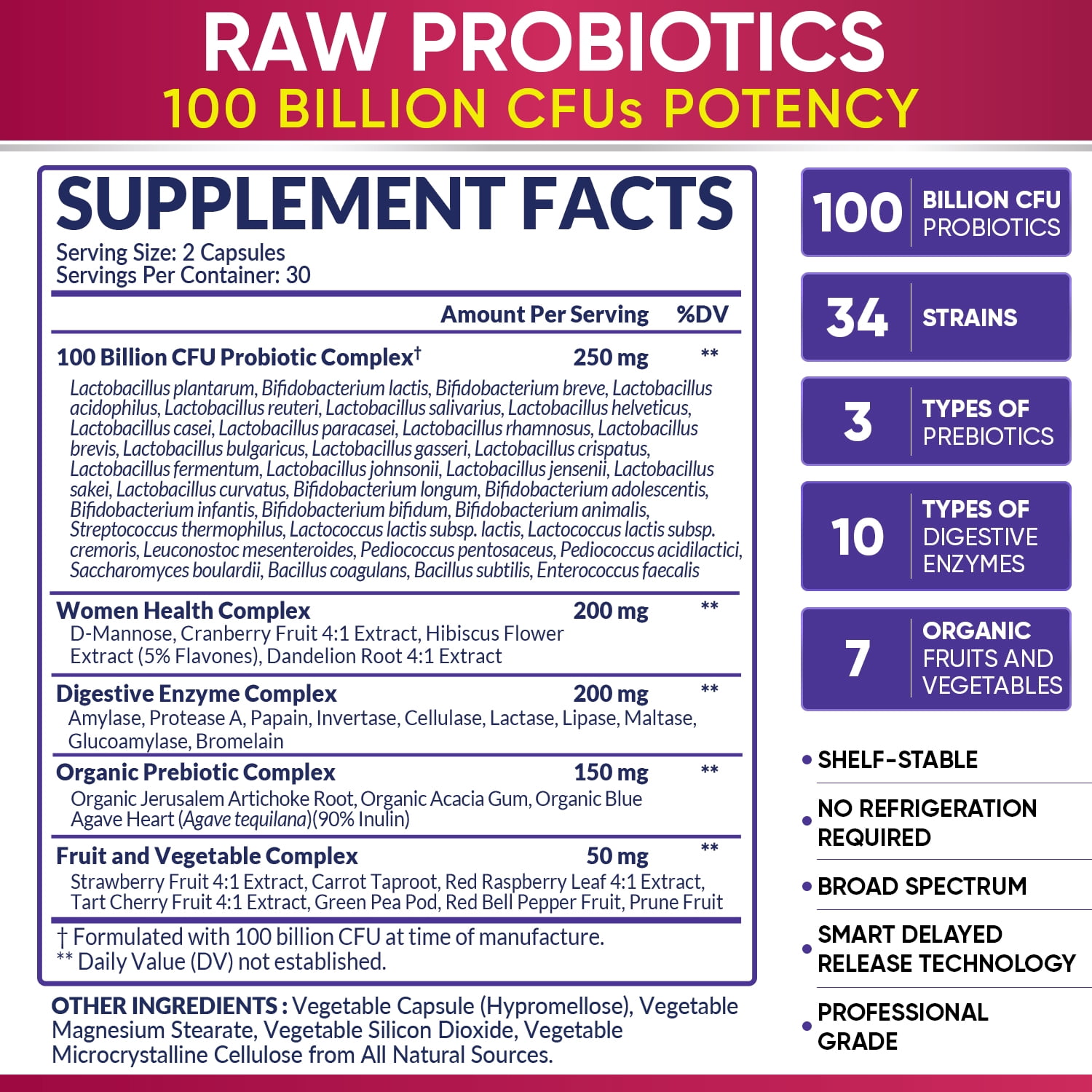Probiotics for Women 100 Billion CFU with Prebiotics, Digestive Enzymes, & UT Protection, Women's Probiotic for Adults, Shelf Stable Probiotic Supplement, 30 Capsules
