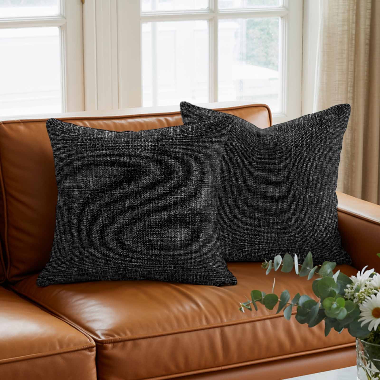Black Pillow Covers 20x20 Inch, Farmhouse Burlap Solid Black Color Modern Linen Texture Linen Pillowcase with Invisible Zipper, Decorative Throw Pillow Covers Cushion Case for Couch Sofa Bed