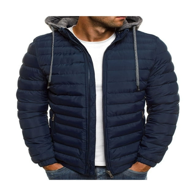 Men Winter Down Hooded Jacket Solid Color Long Sleeves Zip Up Outerwear Warm Coat with Pockets